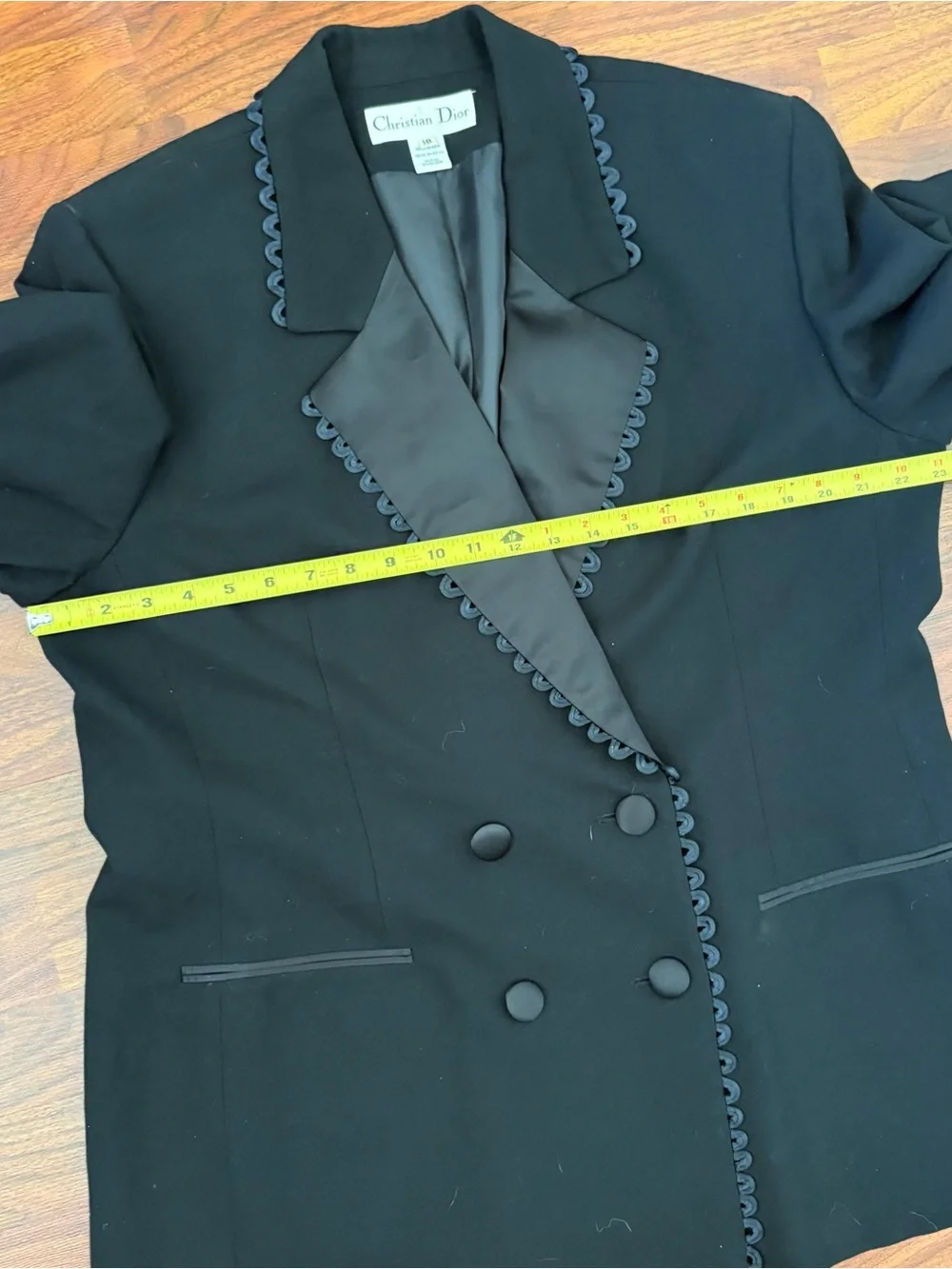 VTG Christian Dior Womens Double Breasted Blazer Jacket 18 Black Wool Satin Trim